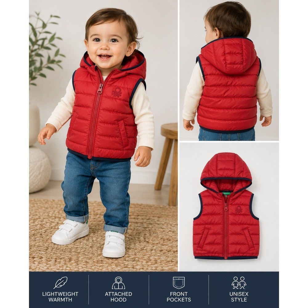 United Colors of Benetton Baby Puffer Vest 12-18M Orange Hooded Full Zip Unisex